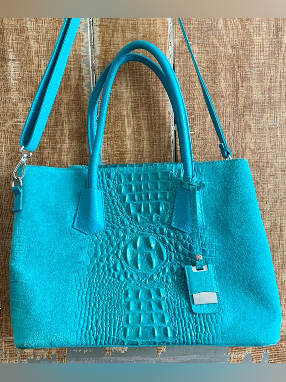 Mila Blu Italian Croc Embossed Leather Satchel Shoulder Bag Turquoise Teal blue - Picture 9 of 14